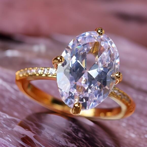 New 7 Oval Solitaire Cubic Zirconia Gold Rhinestone Fashion‎ Wedding Ring - Picture 1 of 5